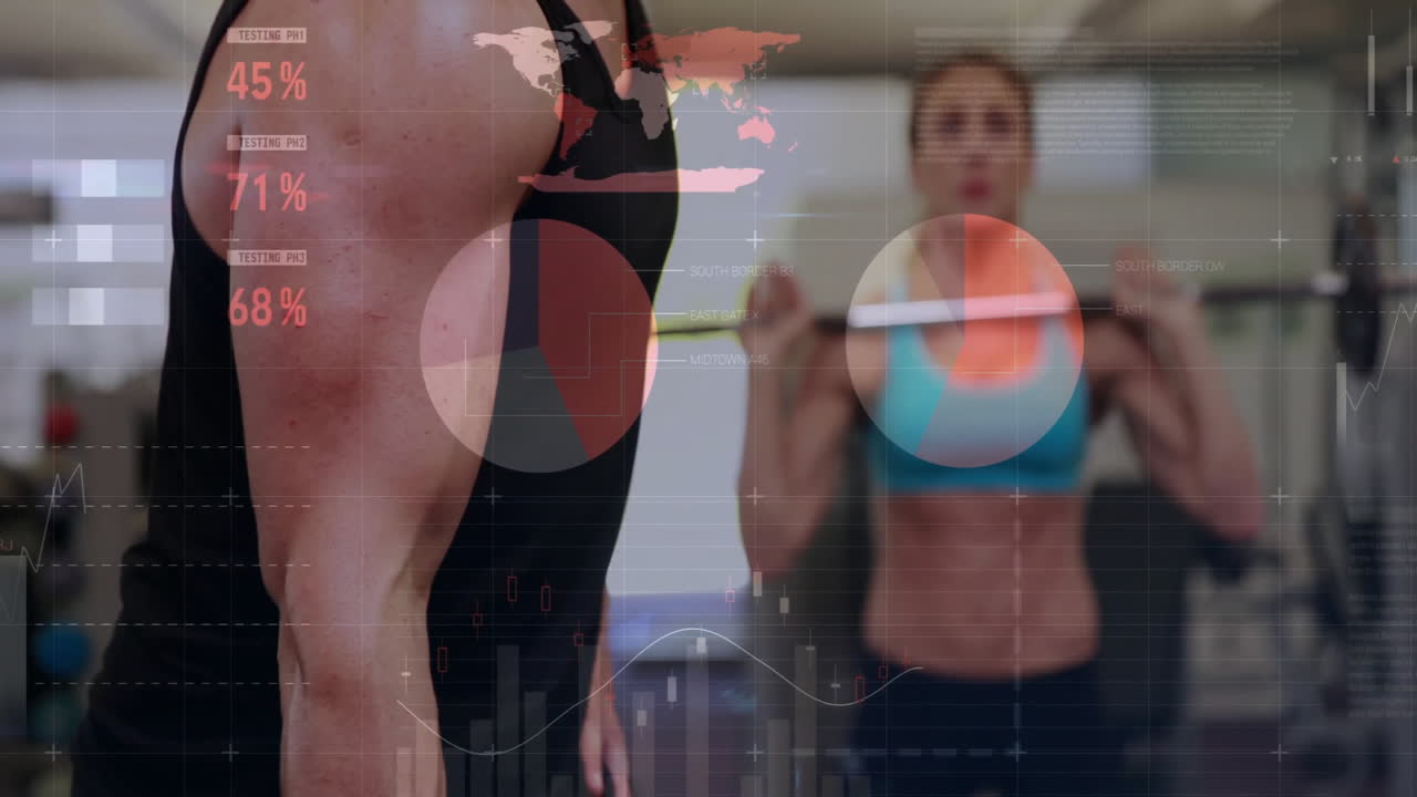 Lifting dumbbell in gym, fitness statistics and world map animation over scene