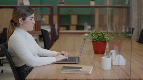 mujer trabajando en una computadora portátil en una oficina moderna