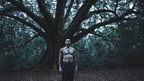 indigenous shaman adorned with intricate body painting, standing beneath a majestic tree in a lush forest, performing a sacred ritual that deepens the connection with nature and spirituality