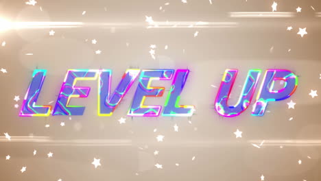 animation of level up text and stars with lens flares over abstract background