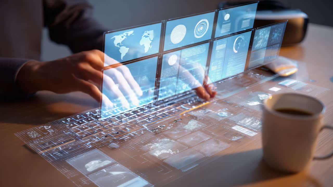 A futuristic series of images depicting a person interacting with a holographic computer interface, showcasing advanced technology and immersive digital elements that transform user experience in modern computing