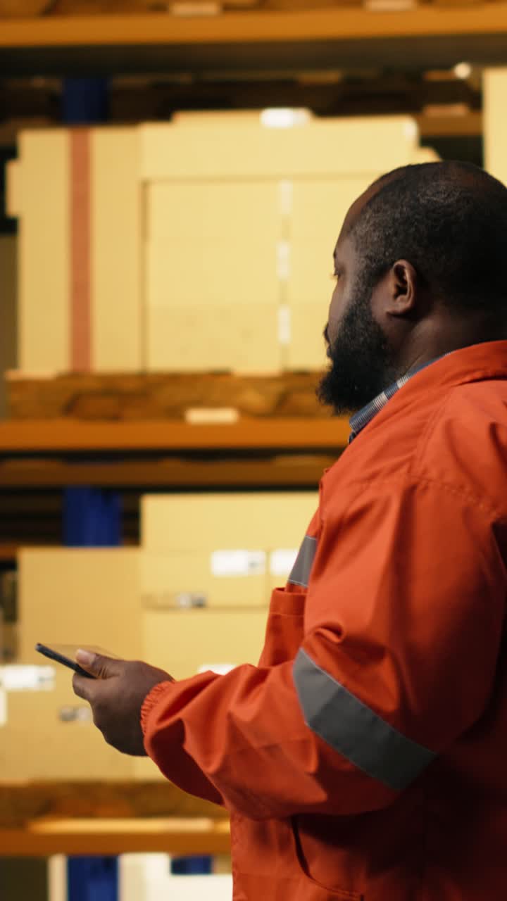 Vertical Video African American Man Using Tablet For Supply Chain Management