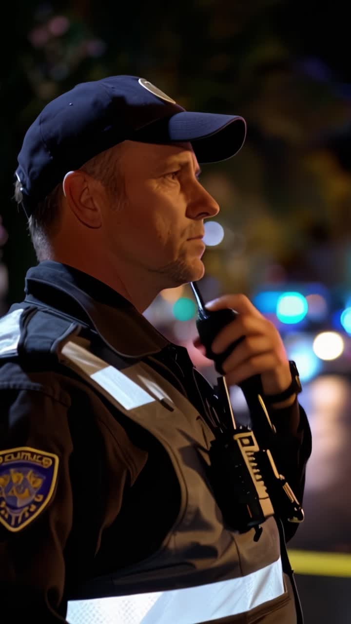 Un agente dedicado observa la escena, listo para responder a cualquier situación entre las vibrantes luces de la ciudad y la enérgica vida nocturna a su alrededor.