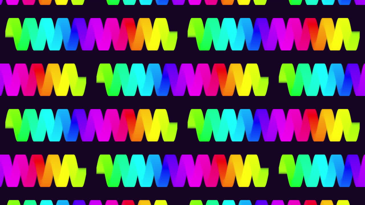 Seamless footage of colorful neon rainbow zigzag ribbons forming a bold geometric pattern on a dark background, ideal as an abstract backdrop for motion graphics, music videos and creative projects