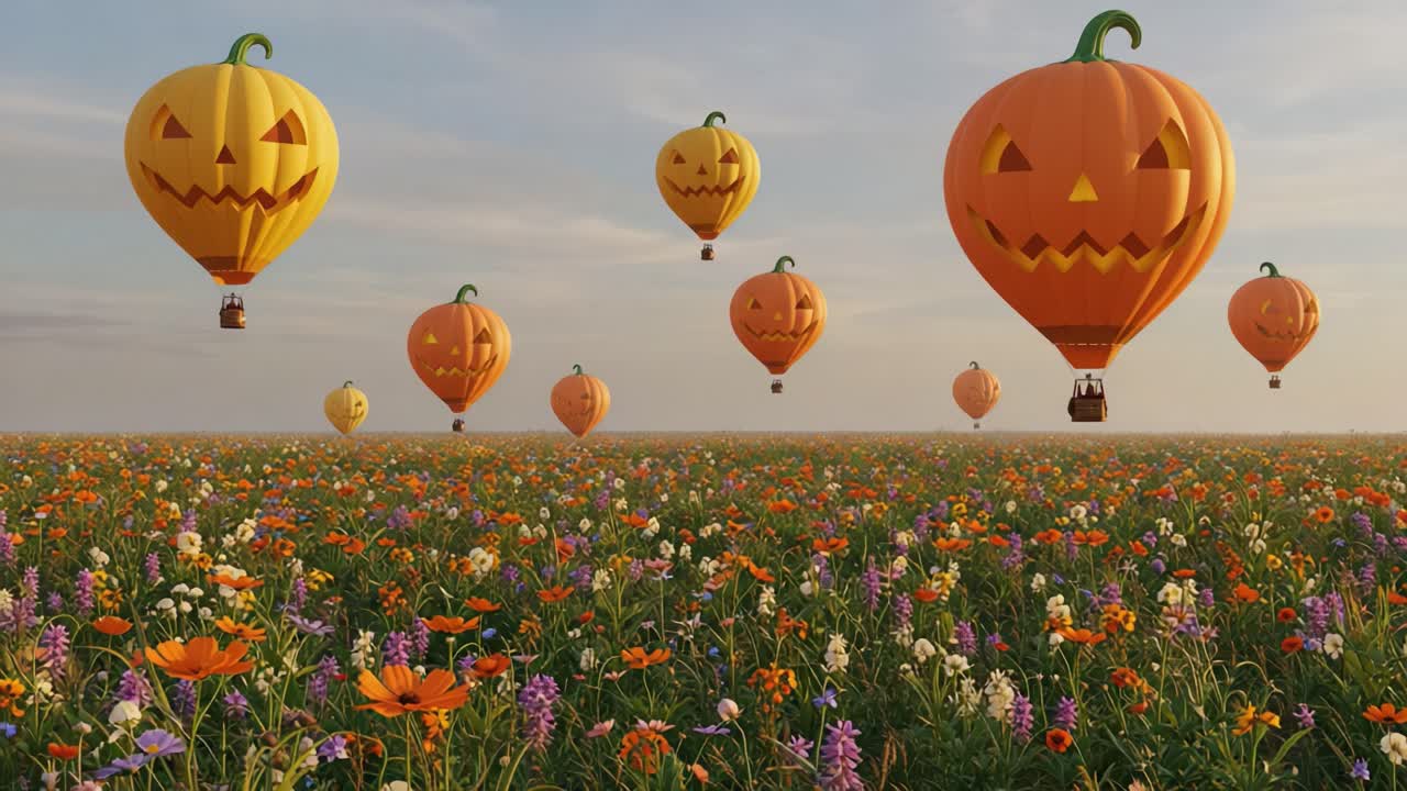 A Whimsical Scene of Halloween-Themed Hot Air Balloons Floating Over a Vibrant Flower Field, Exuding Joy and Festivity in a Spectacular Autumn Skyline