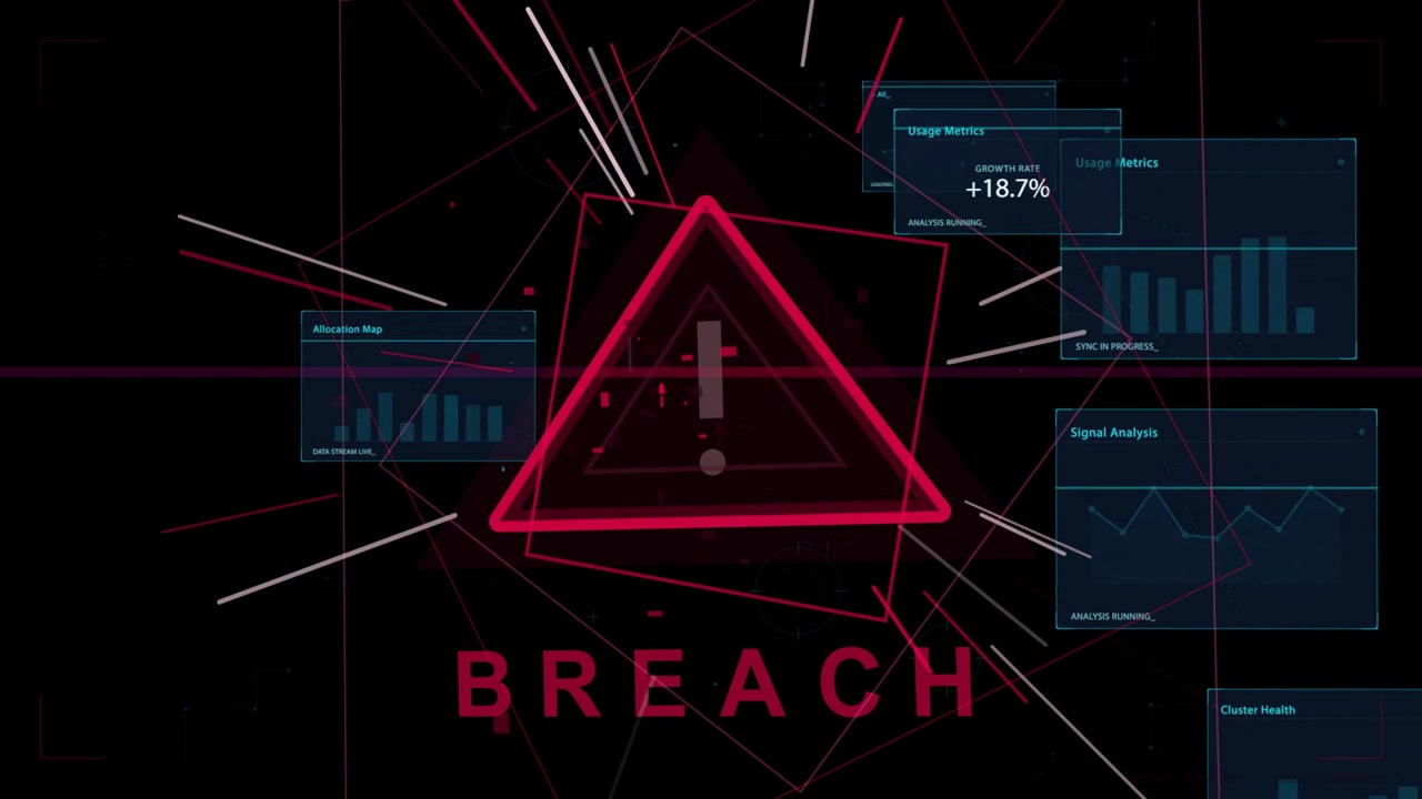 Neon pink triangle alert appearing on alert, pulsing, radiating, sliding panels signaling BREACH