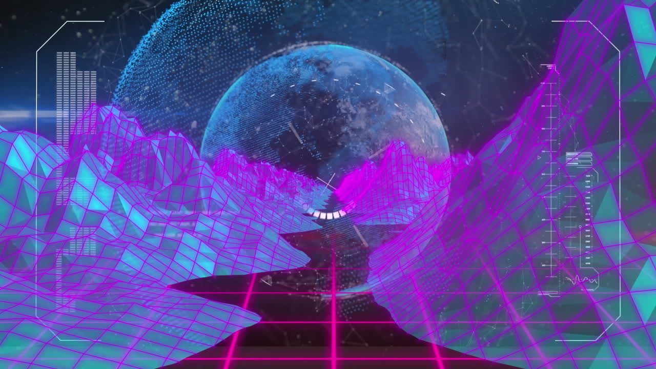 블랙 배경에 있는 지구와 디지털 산 위의 데이터 처리의 애니메이션