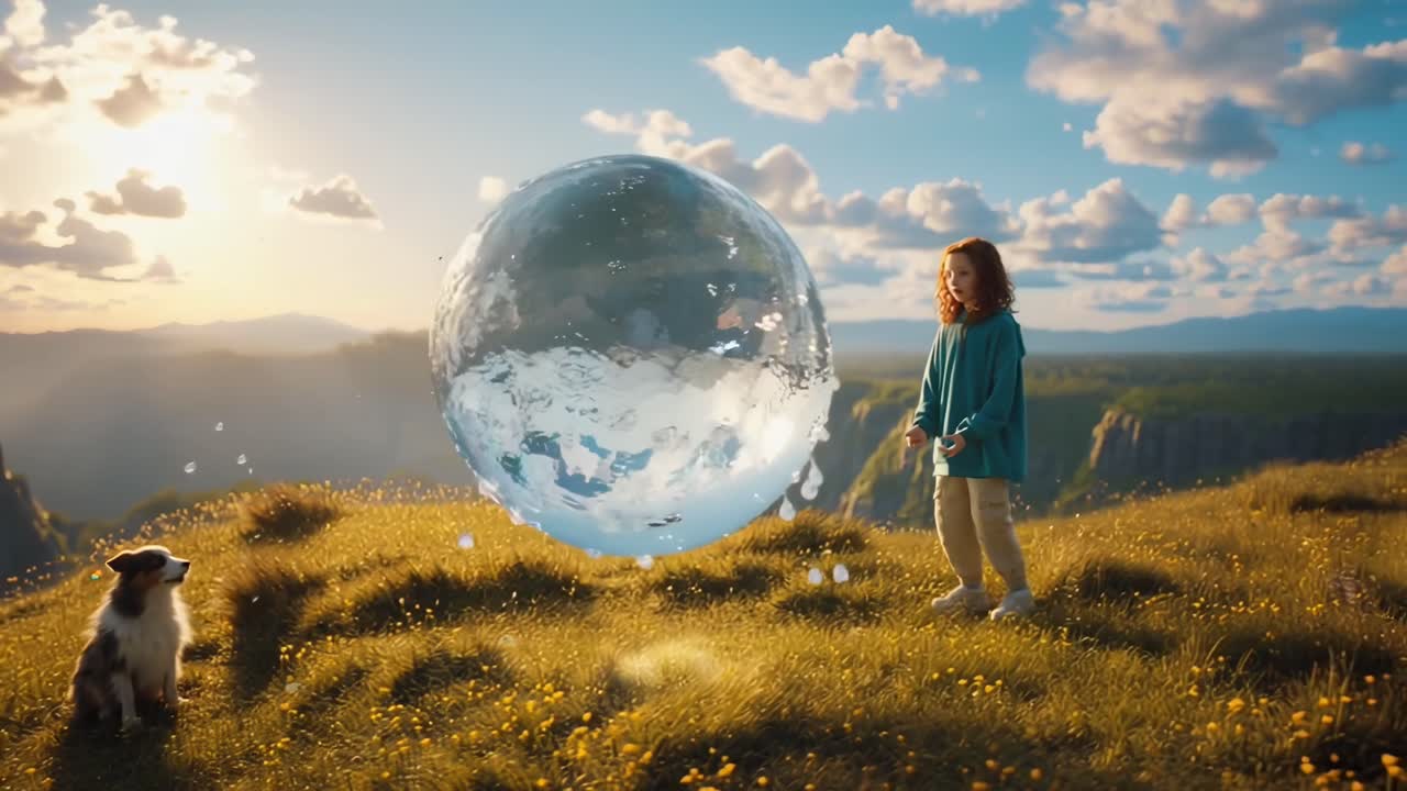 Drohnenvideo eines Kindes und Hundes nahe einer schwebenden Kugel auf einer sonnigen Anhöhe.