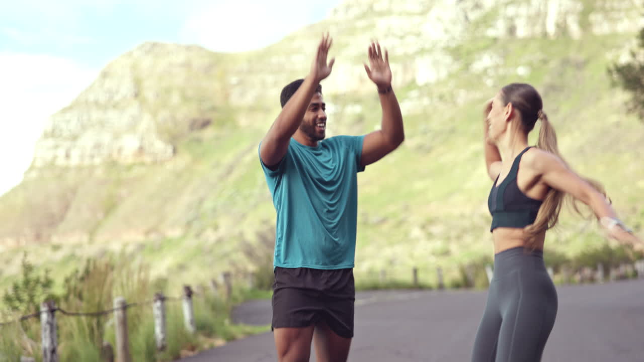 High five, fitness and running couple of friends