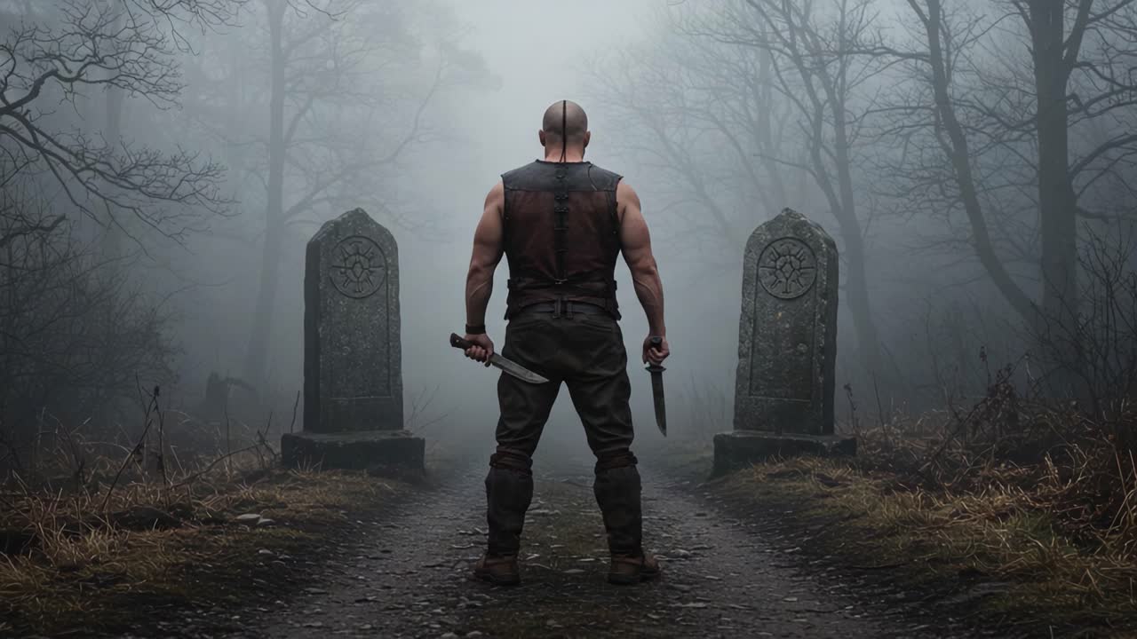 A lone warrior stands at the crossroads of destiny, flanked by ancient gravestones in a mist-shrouded forest, gripping his weapons tight in a moment of contemplation