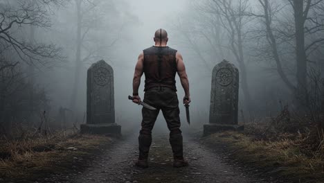 a lone warrior stands at the crossroads of destiny, flanked by ancient gravestones in a mist-shrouded forest, gripping his weapons tight in a moment of contemplation