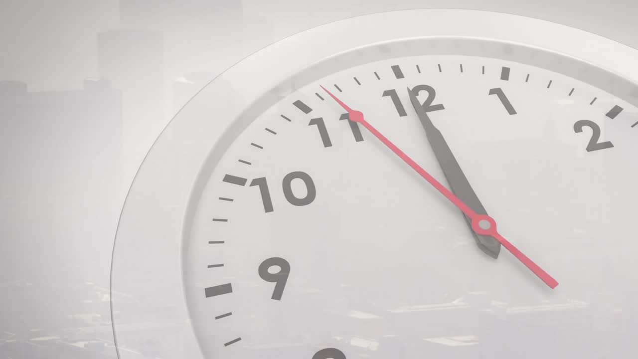 On start large analog wall clock showing hands rotating clockwise, visualizing time progress