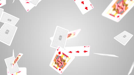 a collection of jack of hearts playing cards falling across the screen on clean white loop background