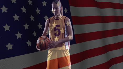 animation of flag of usa over caucasian female basketball player