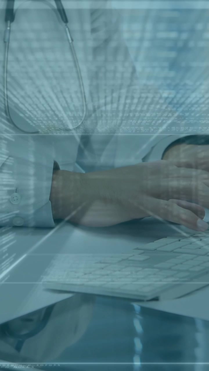 Typing on keyboard, doctor with stethoscope, medical data processing animation