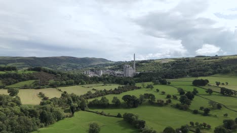 Breedon-Hope-cement-works-factory-establishing-aerial-view-across-idyllic-rural-Derbyshire-Peak-district-countryside