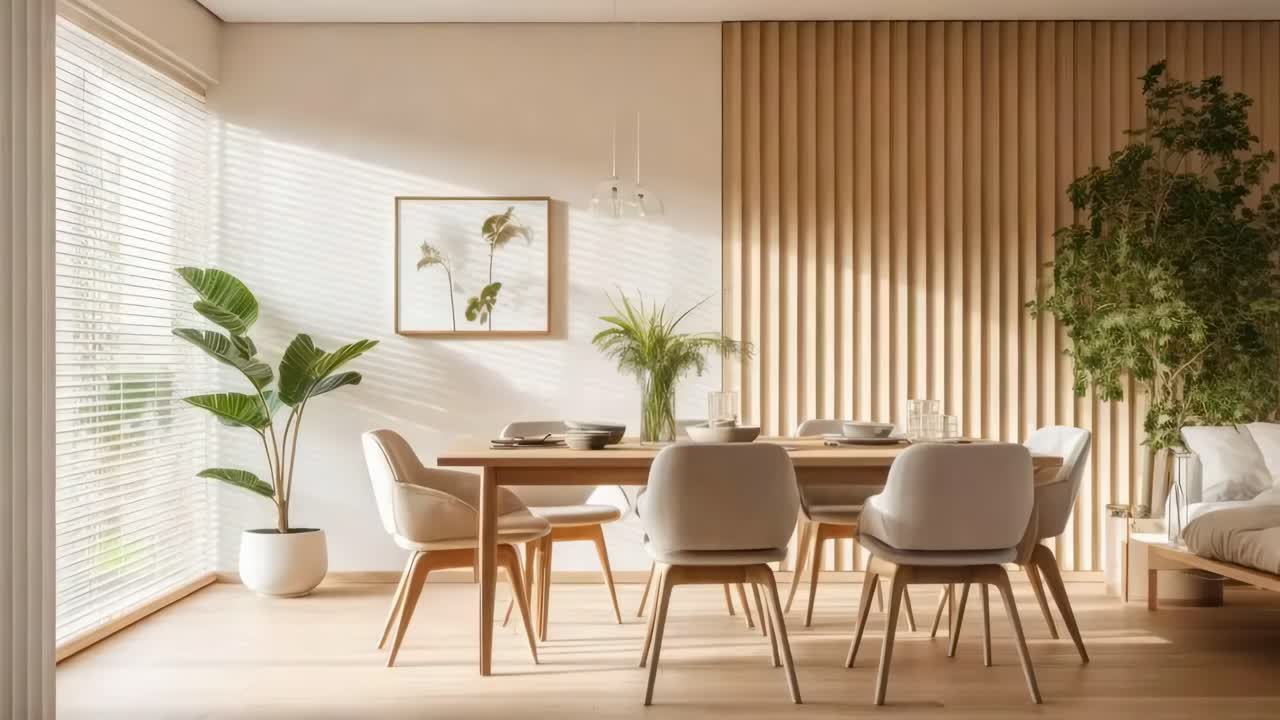 Sala da pranzo moderna con dettagli in legno, catturata da un'angolazione bassa.