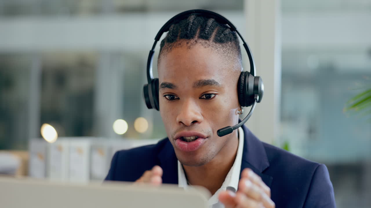 Man, laptop and consulting in call center