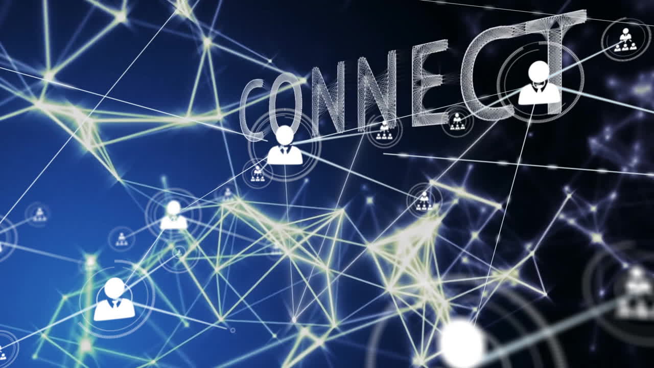 네트워크 연결 및 사람들의 디지털 아이콘을 통해 텍스트 애니메이션을 연결합니다.