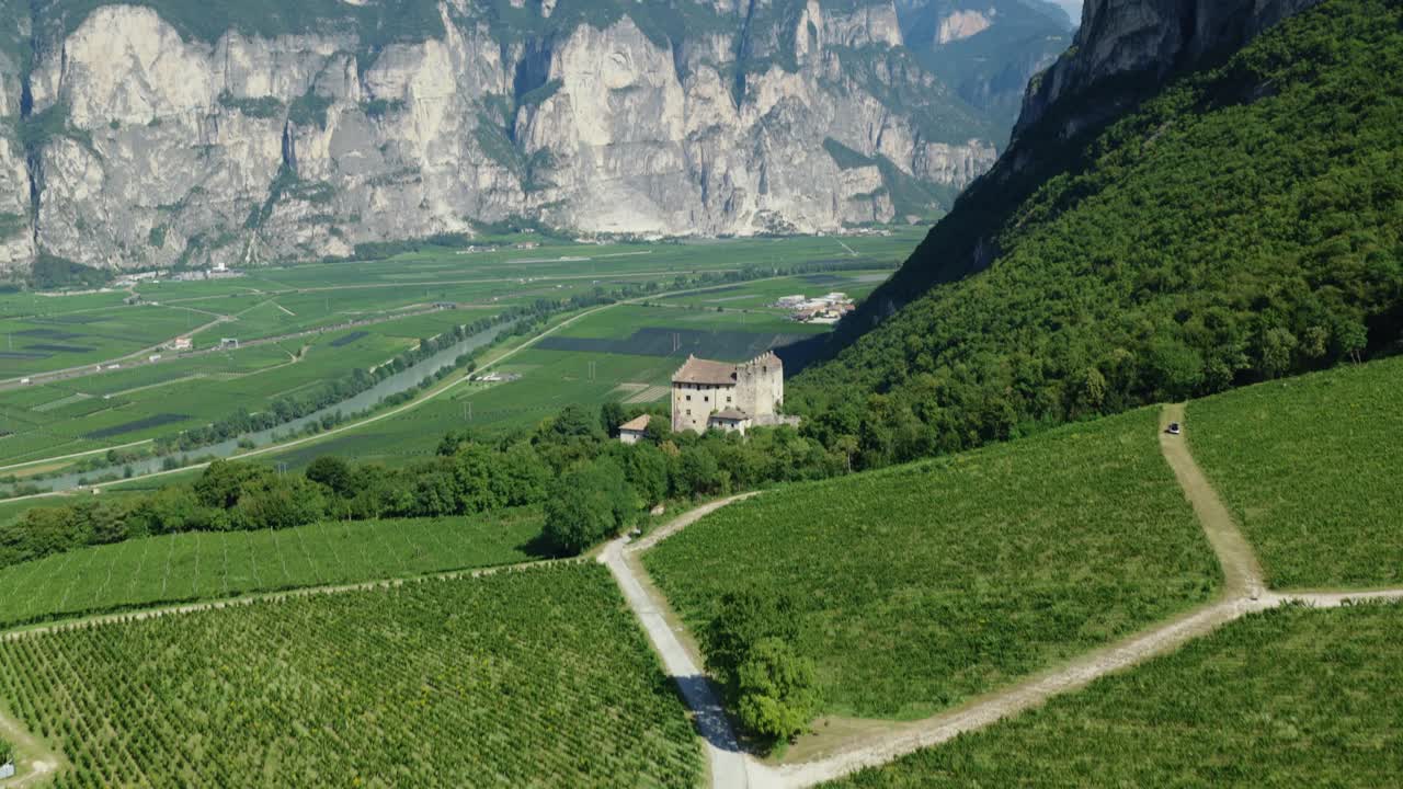 Aerial view of lush vineyards in Trentino, producing Trento DOC wine