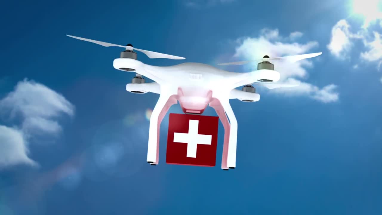 드론의 디지털 이미지는 의약품 상자를 들고 날고 있습니다.