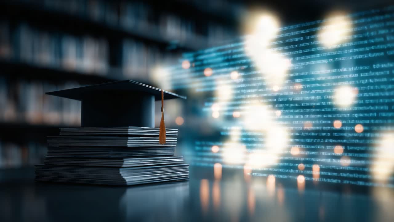 Exploring the Intersection of Education and Technology: A Symbolic Representation of Knowledge with a Graduation Cap Amidst Digital Data Streams