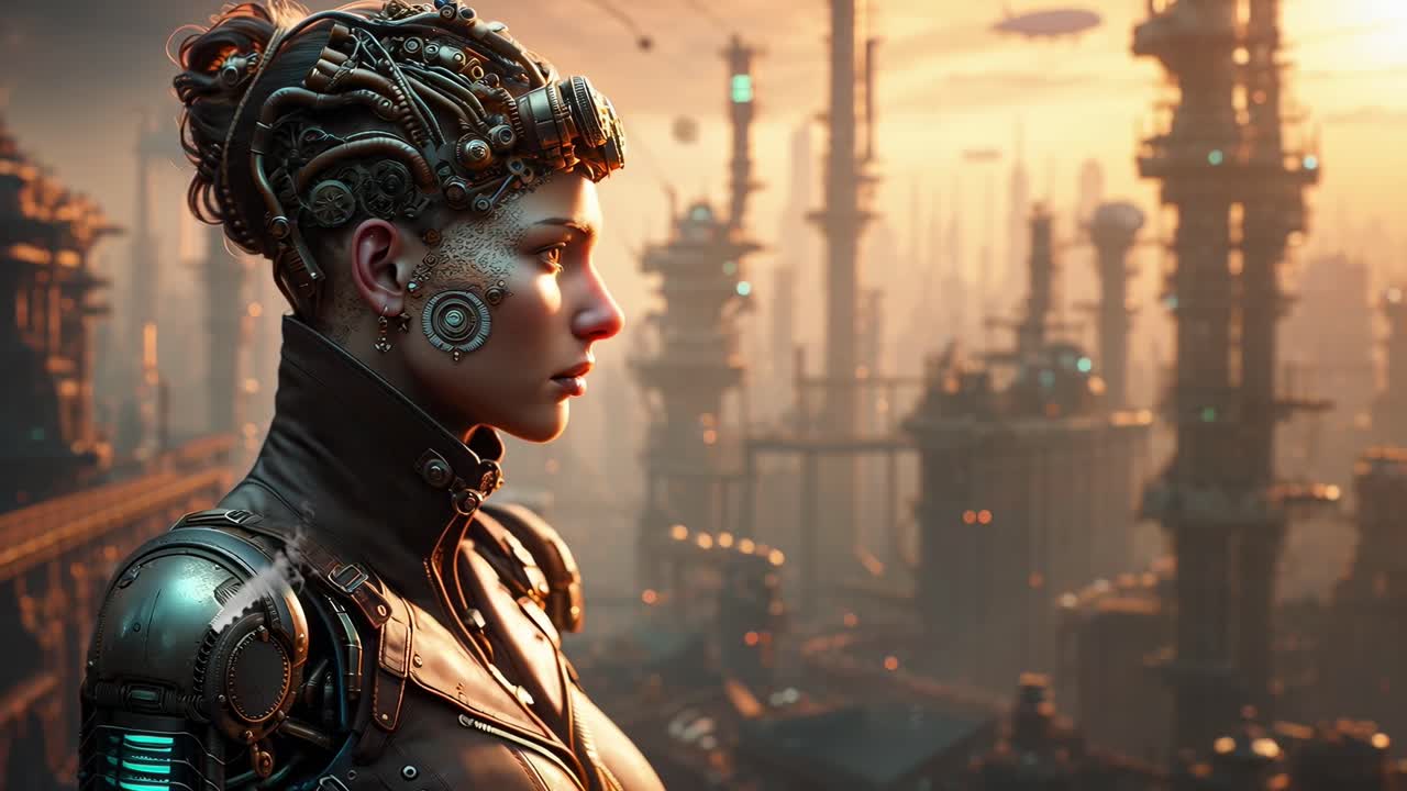 Side view of a cyborg in a futuristic cityscape, captured at eye level, video game style