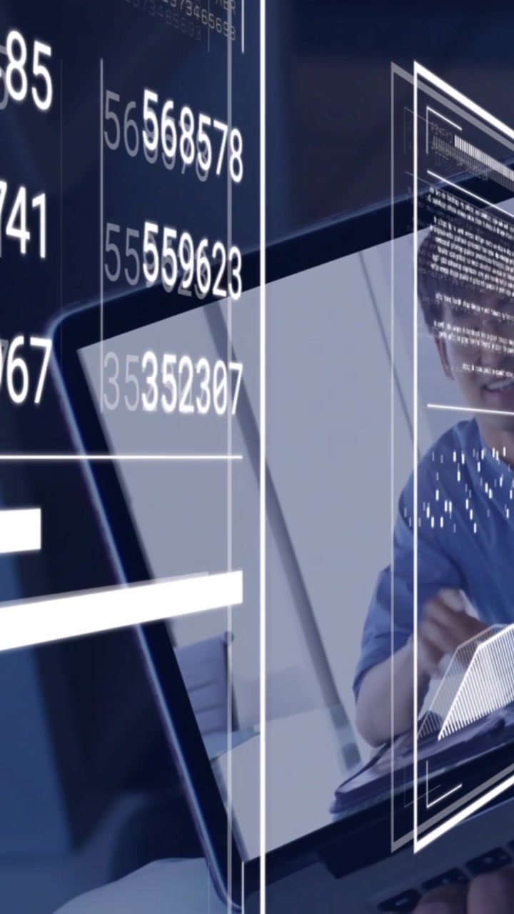 Vertical video: Male laptop presenter speaking, launching HUD panels, revealing tech metrics