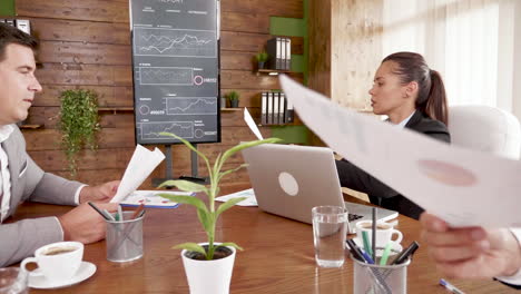 beautiful young woman giving her colleague charts