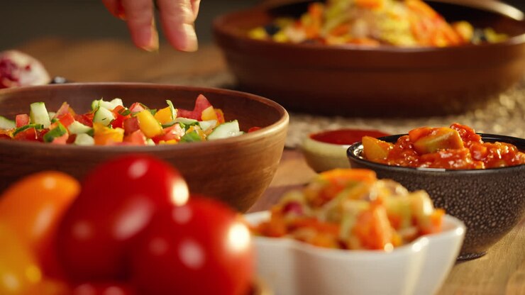 Mano che cosparge erbe fresche su un'insalata di verdure colorata