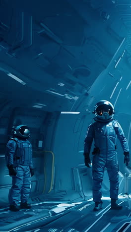 astronauts prepare for mission in advanced space station environment. a group of astronauts in blue suits gets ready for an upcoming mission inside a high-tech space station.