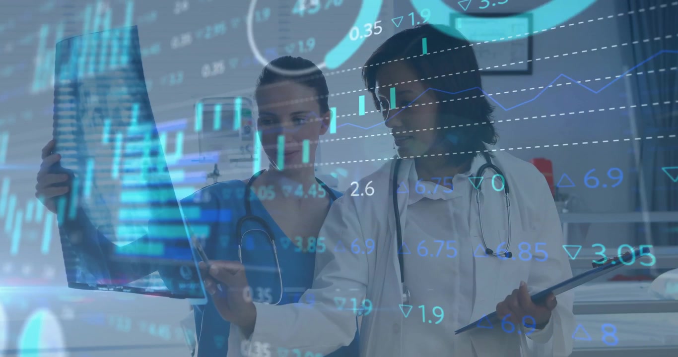 Nurse holding x-ray film starting doctor analyzing film, finance charts overlaying for decisions