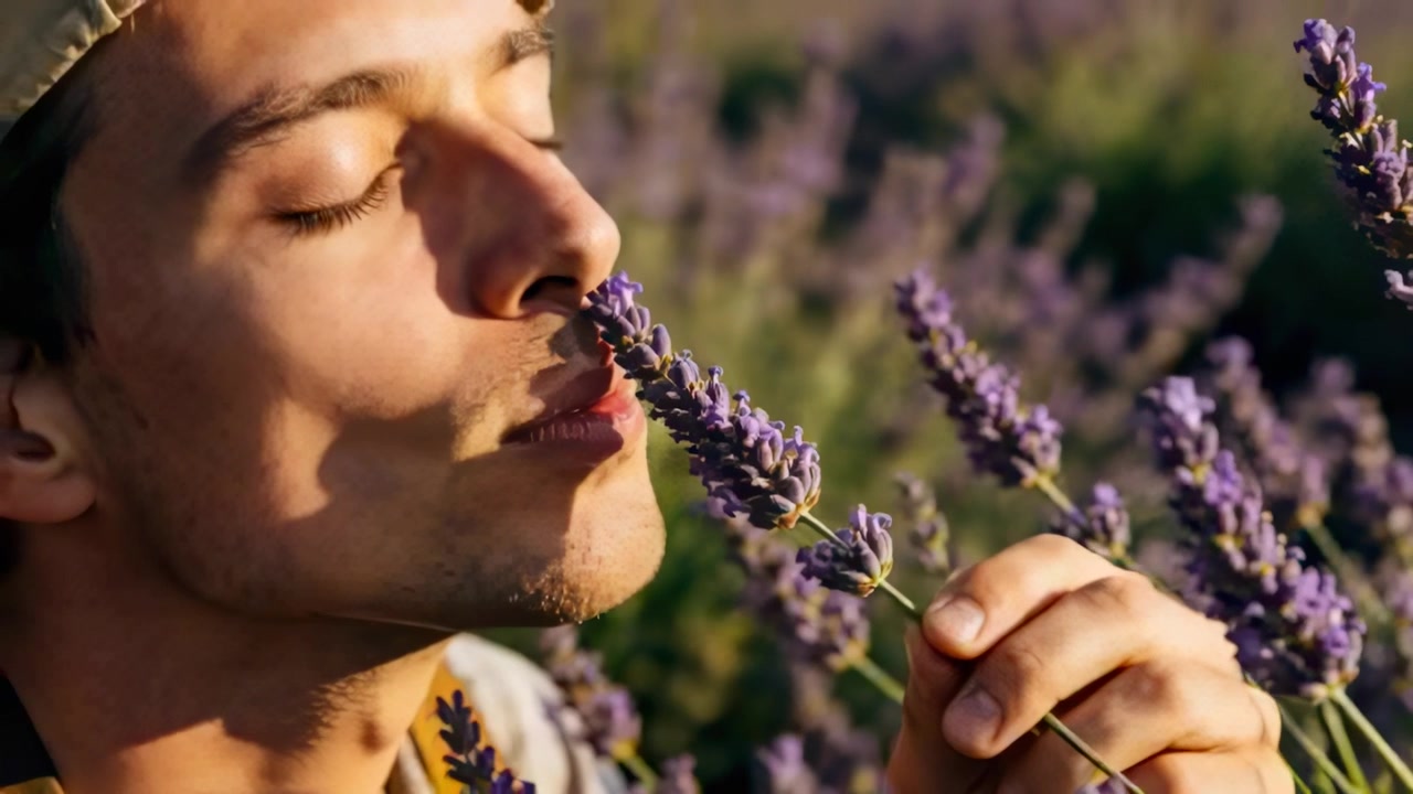 Levantando haste de lavanda ao nariz, homem inalando em campo de lavanda, com boné e camiseta estampada, apreciando