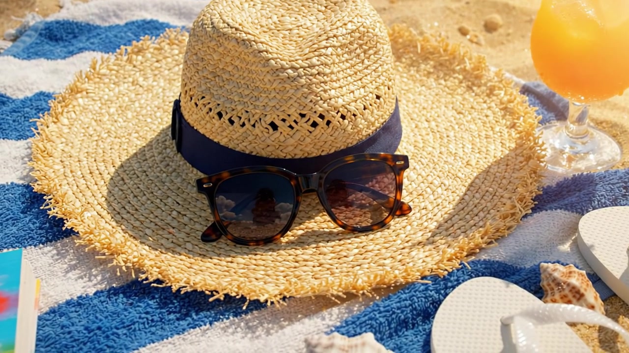 Een ontspannende strandscène met een strohoed, zonnebril, slippers en een verfrissende cocktail op een handdoek, omringd door schelpen onder een heldere hemel.