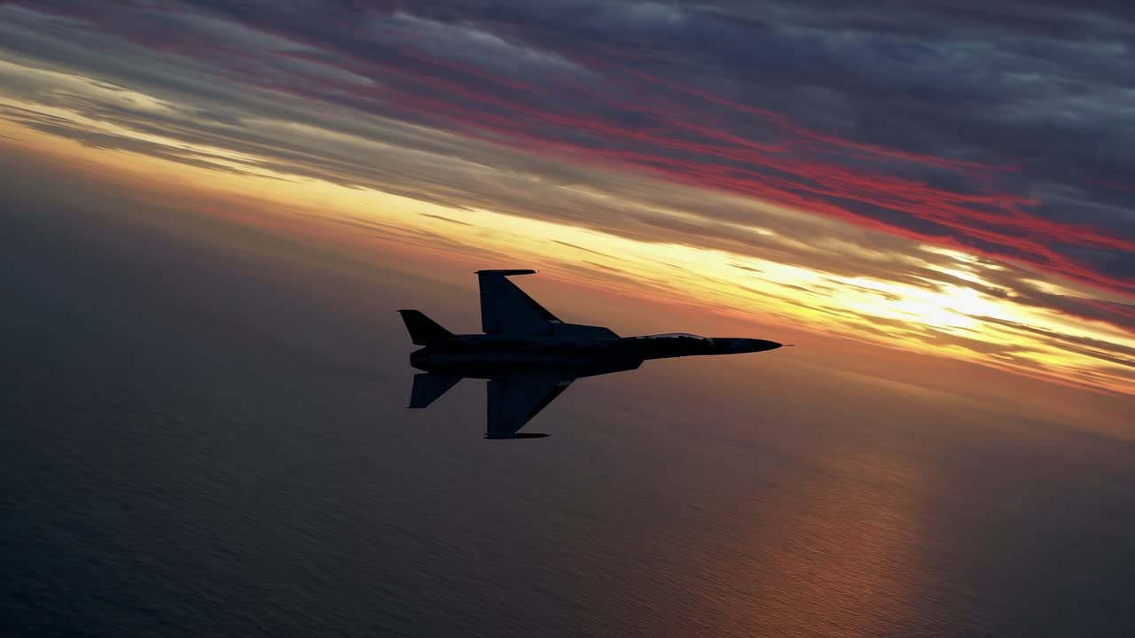 Military Jet Silhouette at Sunset over Ocean
