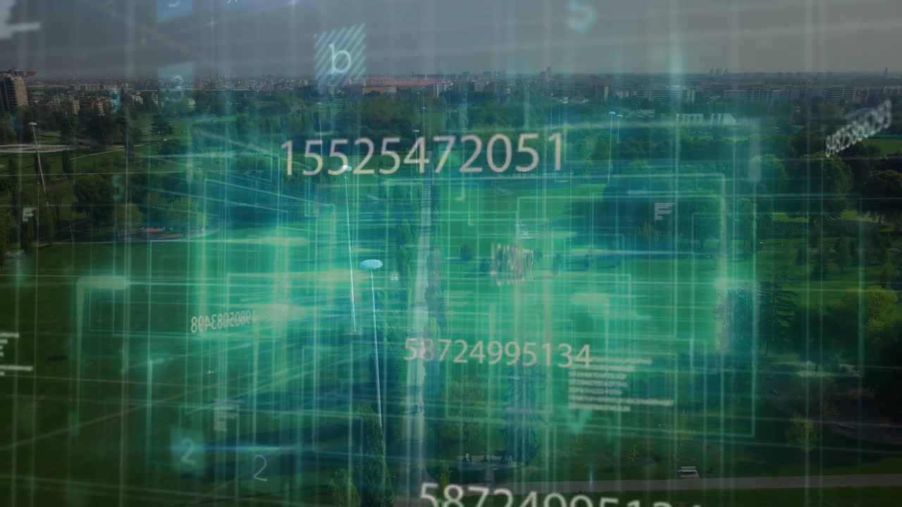 Green digital overlay being animated over park, showing grid with floating numeric codes