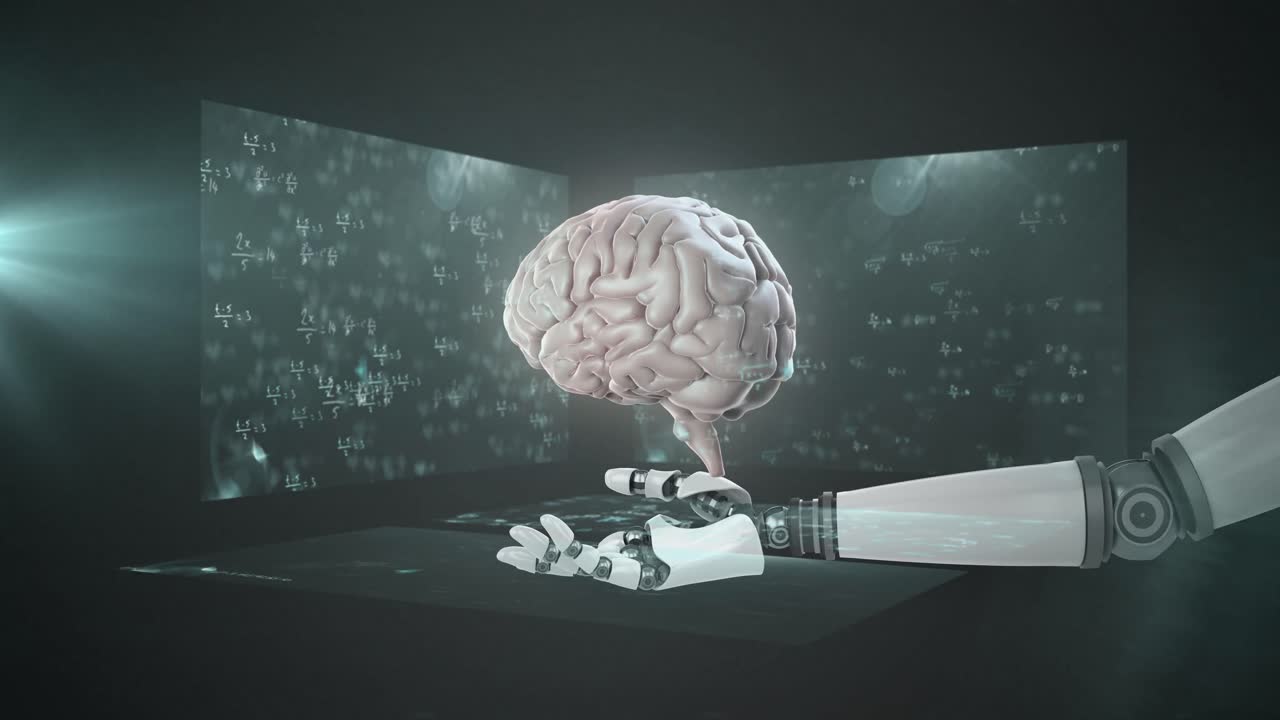 Animation of robotic arm with brain over mathematical equations