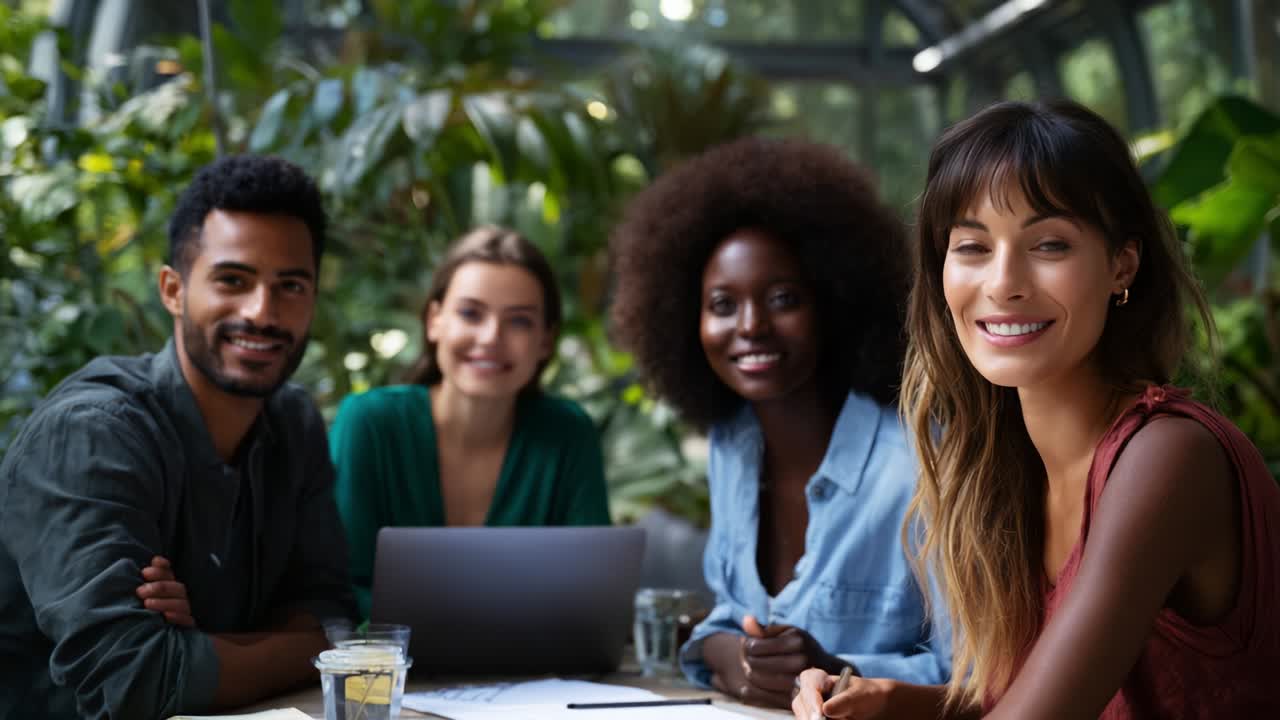 Un groupe diversifié d’amis collaborant dans une serre luxuriante, faisant preuve de joie, de créativité et d’engagement tout en travaillant ensemble sur leurs idées dans un environnement naturel et inspirant