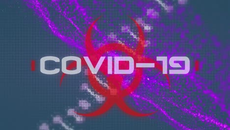 Covid-19-text-over-biohazard-symbol-over-dna-structure-and-purple-digital-wave-on-green-background