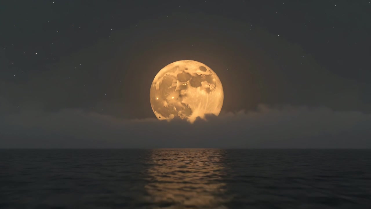 Borda de nuvem em movimento, lua cheia dourada subindo acima de um banco de nuvens baixas no mar, reflexo se alongando