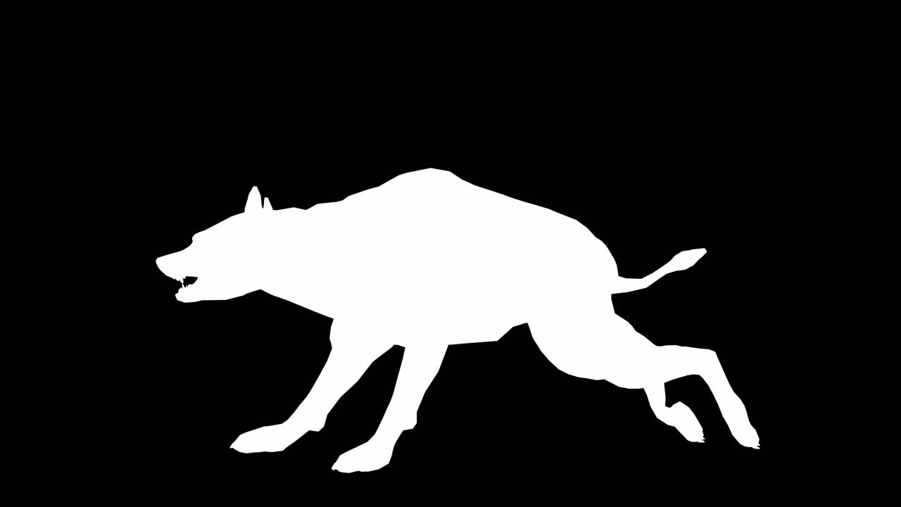A hyena running on black background with alpha channel included at the end of the video, 3D animation, side view, animated animals, seamless loop animation