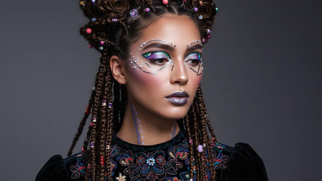 A Stunning Portrait of a Model Showcasing Creative Make-up and Elaborate Braids with Colorful Beads Against a Neutral Background
