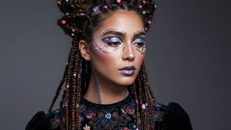 a stunning portrait of a model showcasing creative make-up and elaborate braids with colorful beads against a neutral background