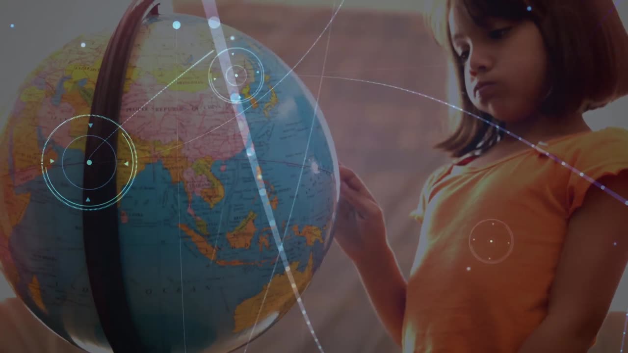 animación de una red de conexiones sobre una estudiante biracial con un globo