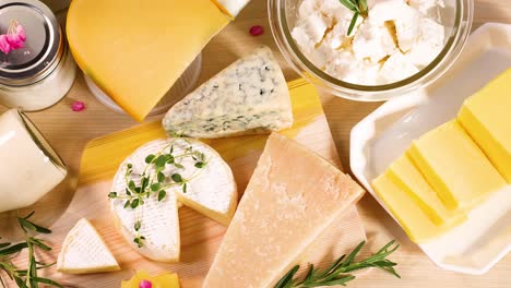 variety of dairy products on wooden background