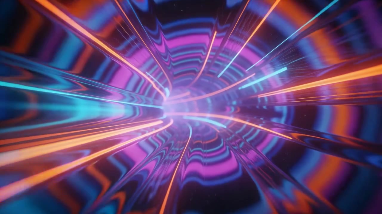 Telecamera che scivola in un tunnel lucido, creando scie di linee ciano e arancioni verso un nucleo luminoso.