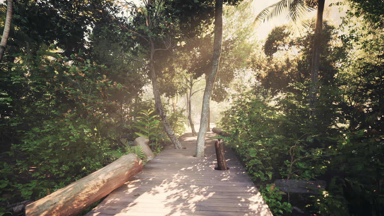 국립공원의 울창한 숲을 통과하는 나무 통로