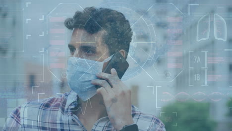 animación del procesamiento de datos médicos sobre un hombre caucásico con máscara facial usando un teléfono inteligente