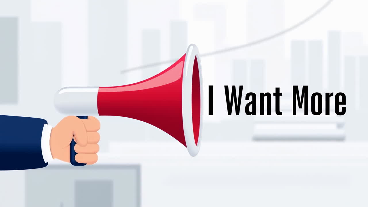 Animated Megaphone Announcing 'I Want More' Message
