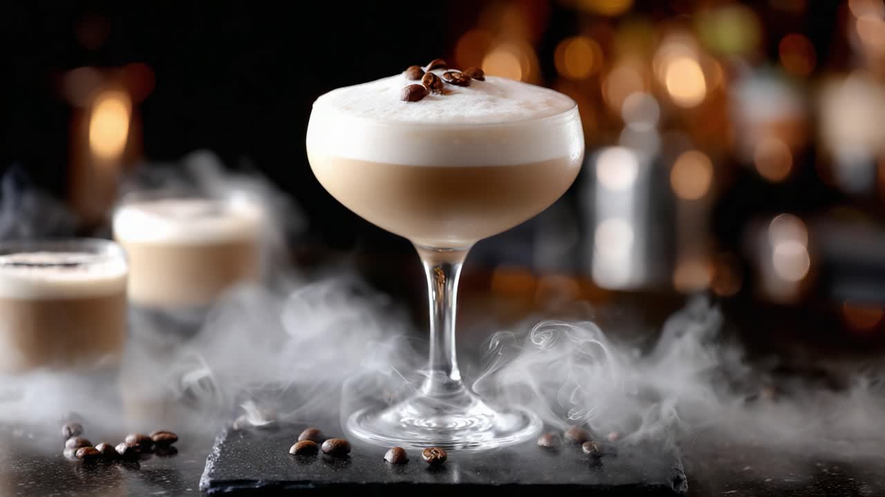 Elegant Dessert Cocktail with Coffee Beans and Frothy Foam, Perfectly Presented in a Stylish Glass, Celebrating a Luxurious Drinking Experience with Sophisticated Ambiance